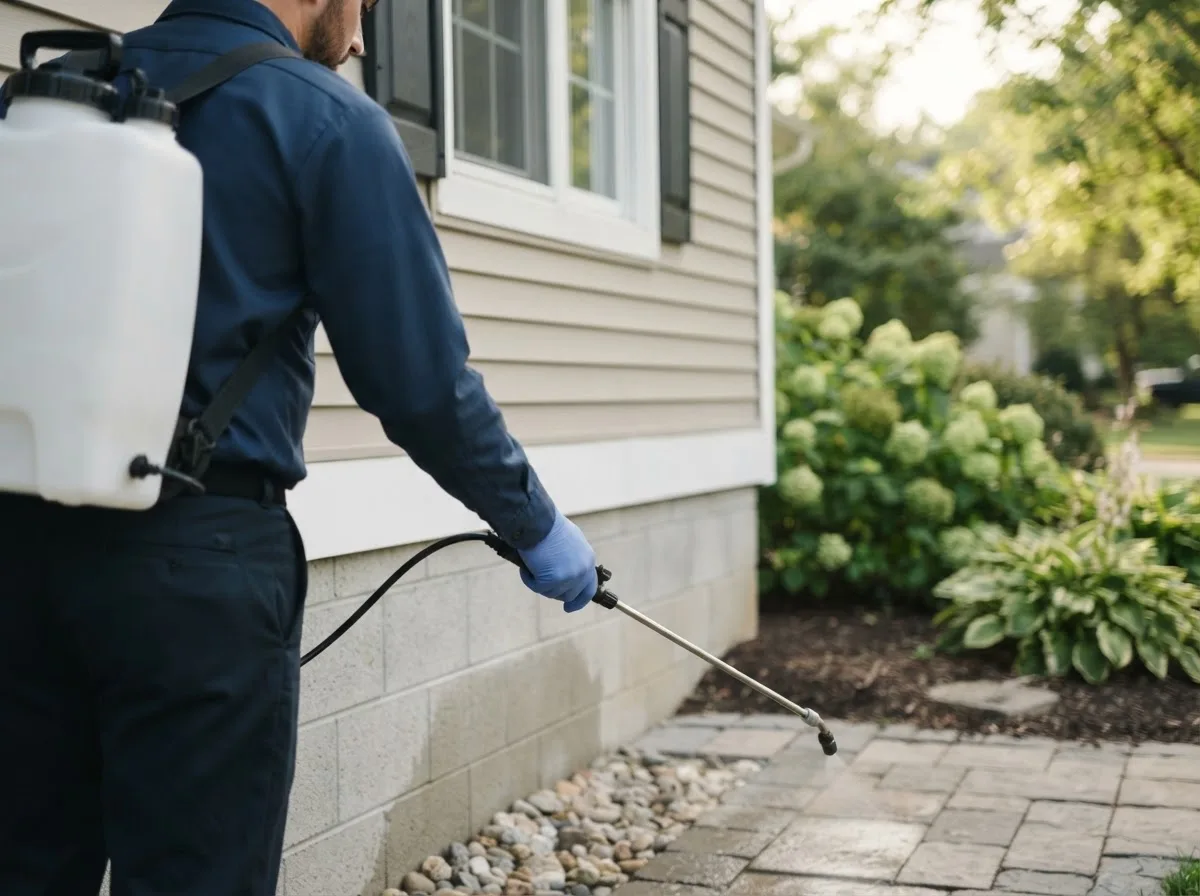 Pest control technician inspecting a home in Great Lakes, IL